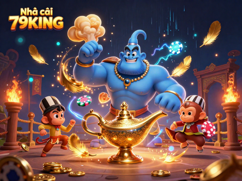 Engage with Nhà cái 79KING through a vibrant 3D casino world featuring a blue genie, monkey, and poker chips.