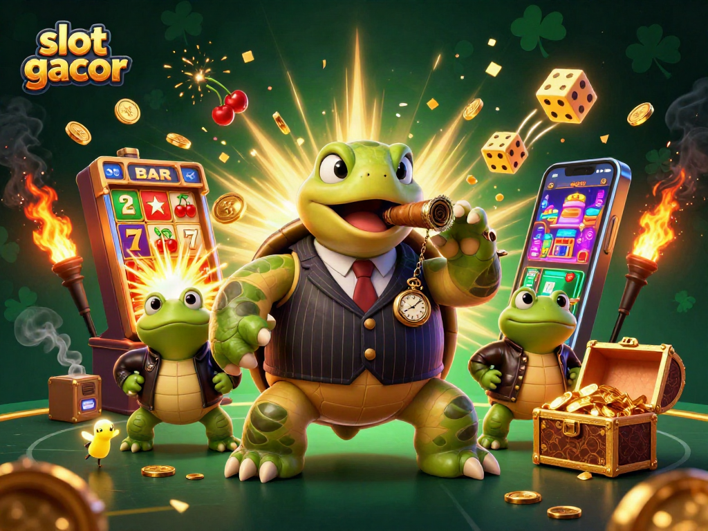Experience the thrill with slot gacor as the snapping turtle mobster celebrates jackpot wins in a lively casino.