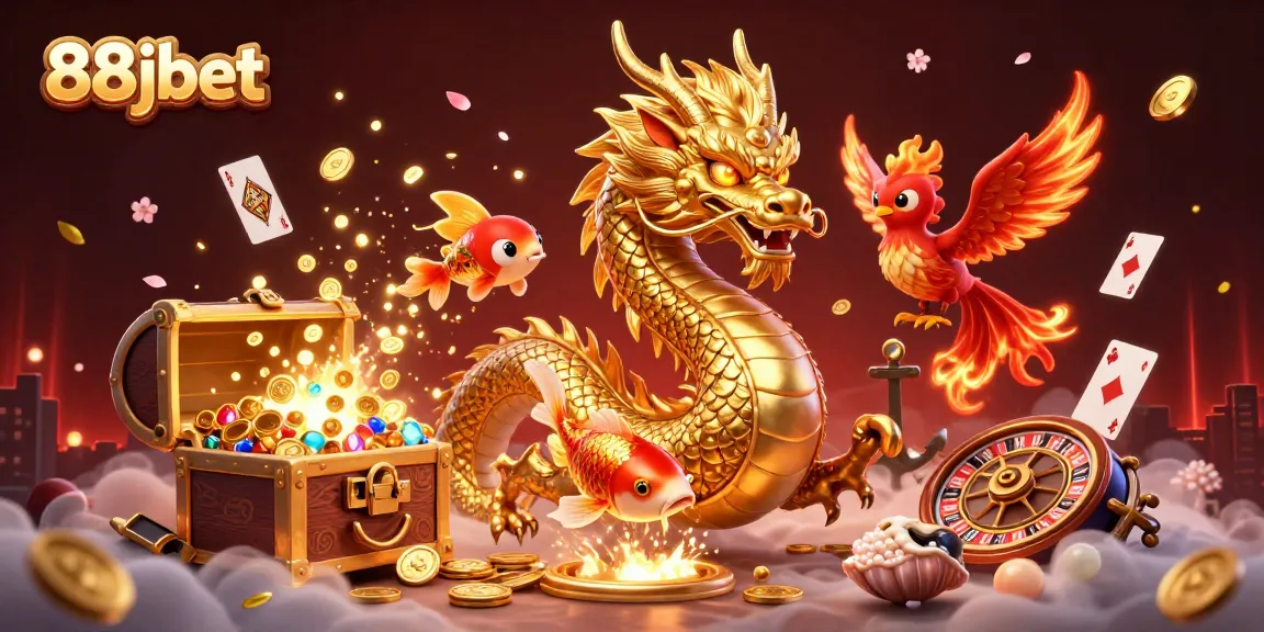 Engage with thrilling 88jbet experiences illustrated by a golden dragon and phoenix in a vibrant casino world.