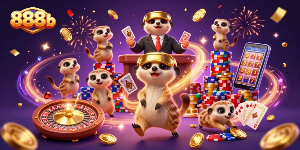 Experience thrilling gaming at 888b with lively meerkats orchestrating a vibrant casino.