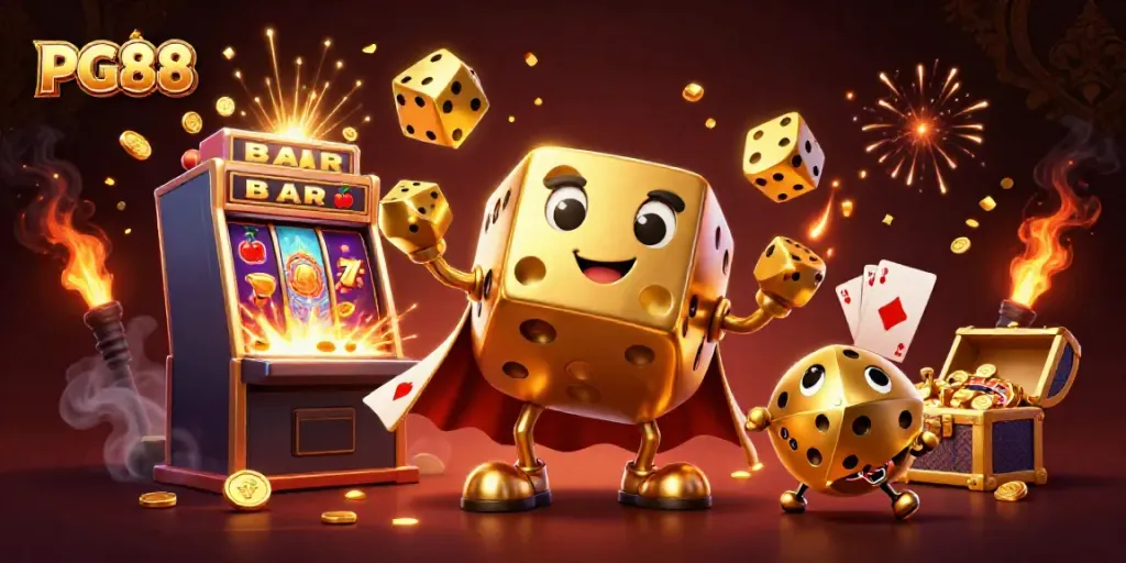 Engage with PG88 through a vibrant, immersive 3D casino scene featuring golden dice golem and slots!