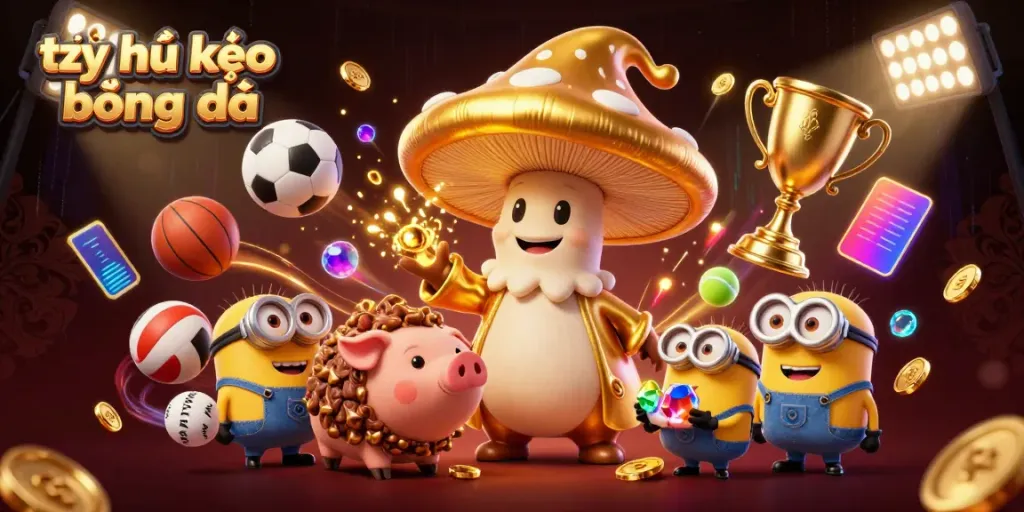 Experience the dynamic world of tỷ lệ kèo bóng đá with a golden wizard and sports elements in vibrant 3D art.