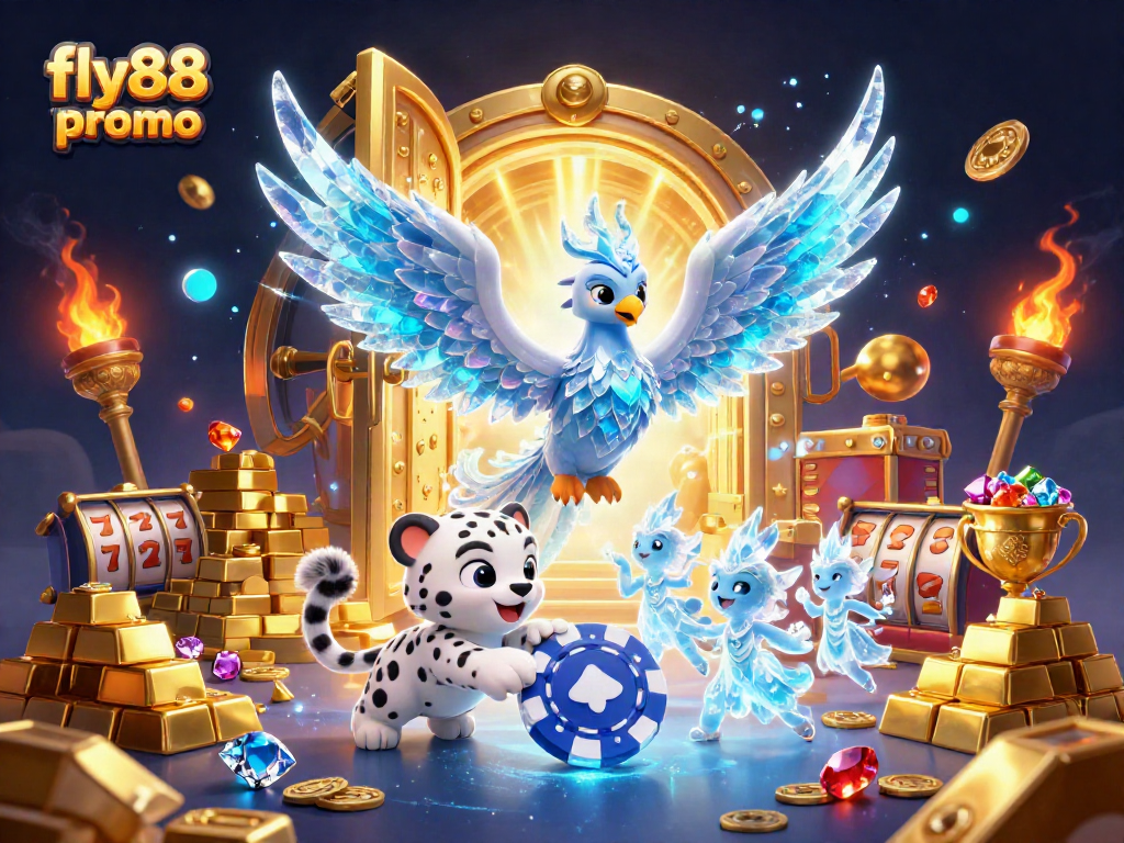 Engage with the fly88 promo to win exciting rewards with a vibrant casino-themed scene featuring unique characters.