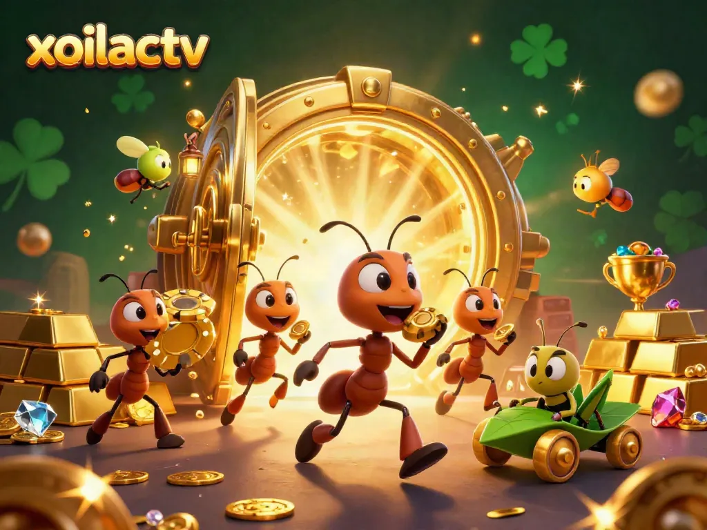 Xoilactv showcases a vibrant 3D scene with ants stealing a giant poker chip, enhancing your gaming adventure.