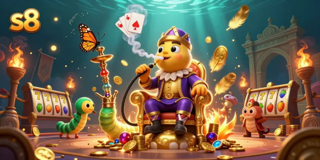 Experience thrilling gameplay with s8 in this vibrant 3D casino scene featuring poker and slot elements.