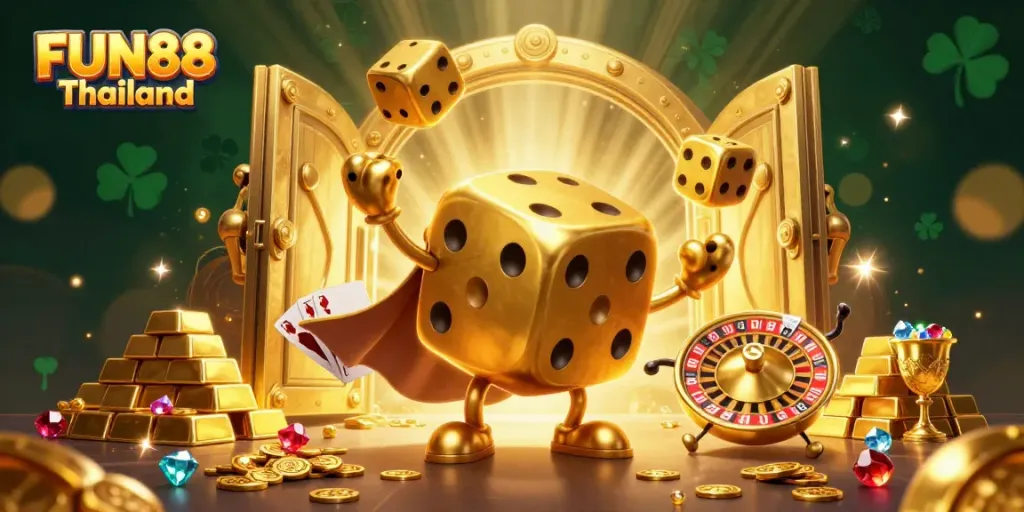 Engage with FUN88 Thailand's vibrant casino atmosphere, featuring golden dice and sparkling treasures.