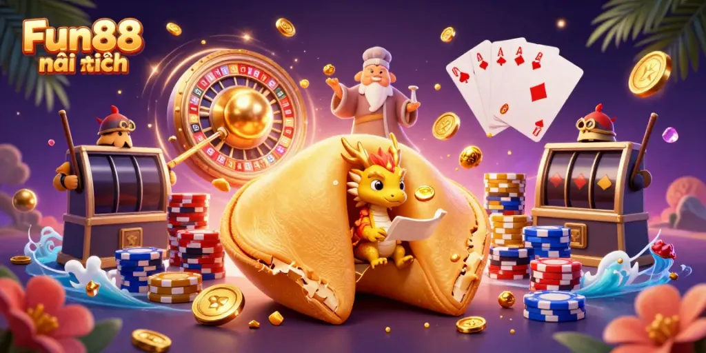 Experience the excitement of Fun88 mới nhất with a vibrant scene of golden gaming elements and characters.