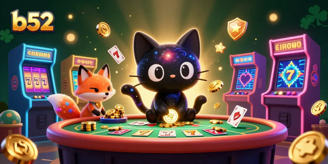 B52 brings action-packed excitement with a cosmic casino illustration featuring a whimsical black hole cat and a nebula fox.