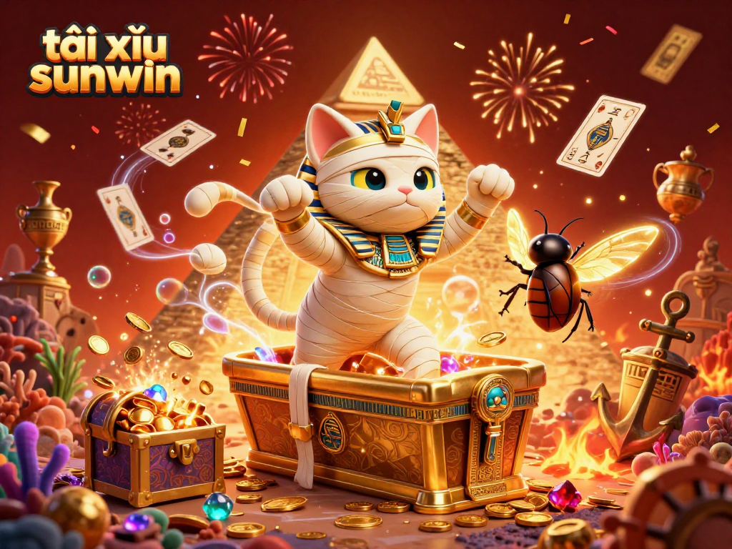 Experience the excitement of tài xỉu sunwin with a vibrant 3D illustration featuring a mummy cat and treasure elements.