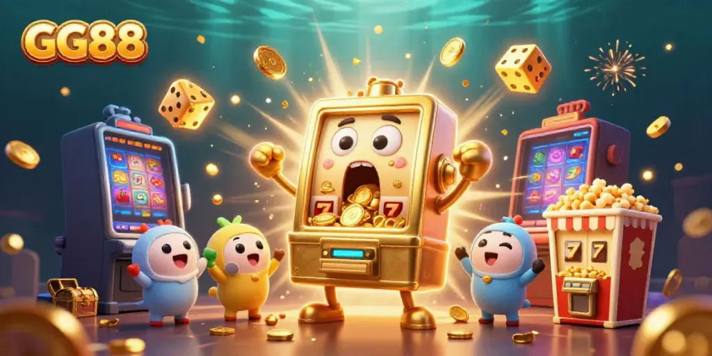 Experience excitement at GG88 with a dynamic scene of 3D slot machines celebrating a jackpot win.