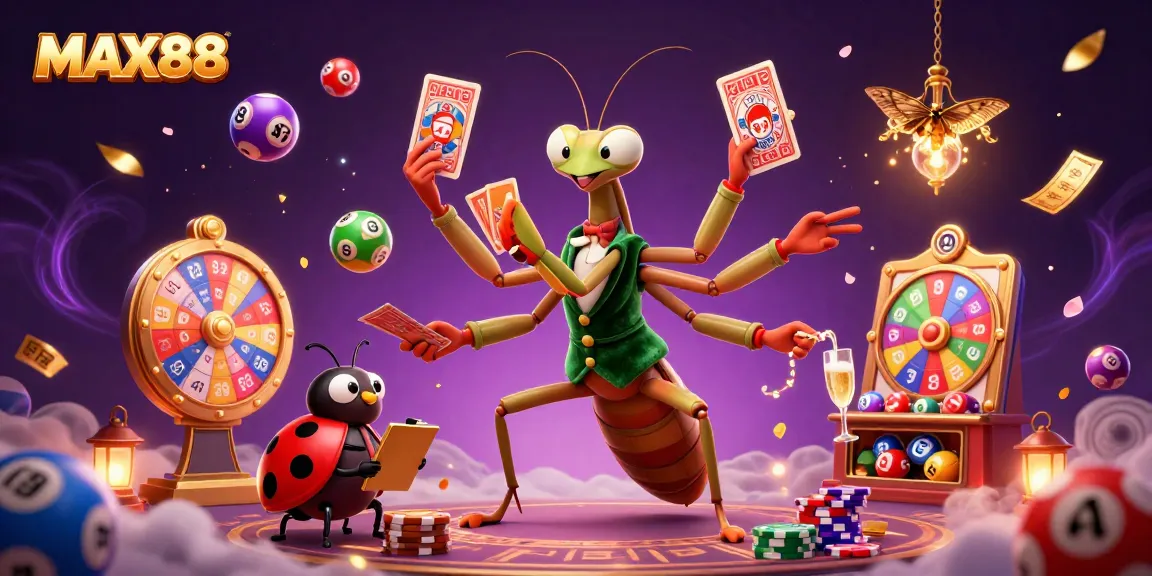 Engage with MAX88 as the giant mantis dealer showcases dynamic casino action amidst vibrant lottery elements.