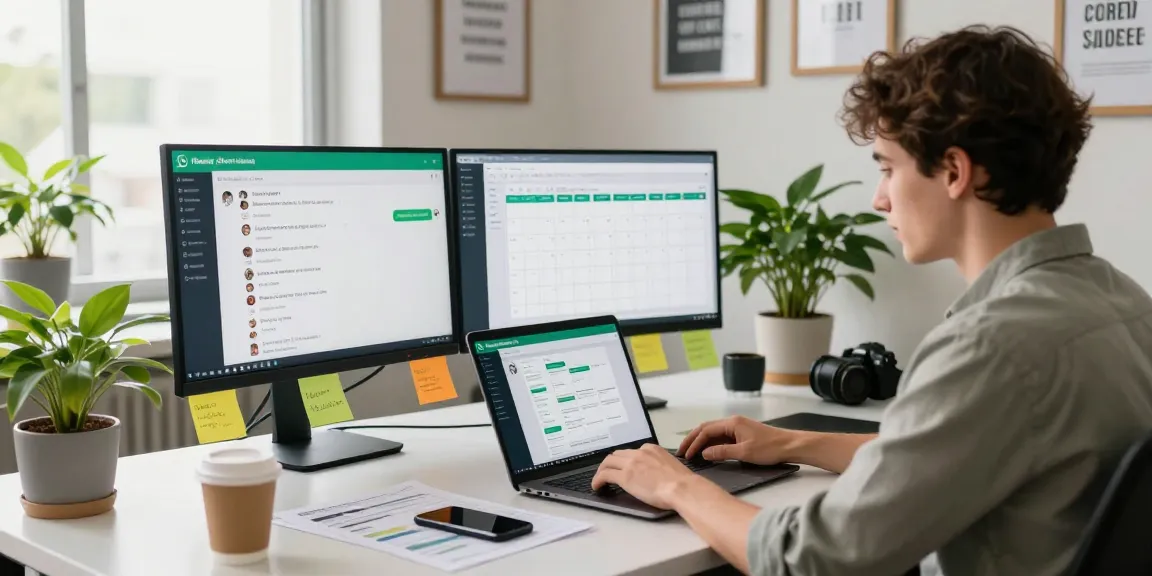 Using WhatsApp電腦版 in a modern workspace with vibrant decor and tech setup.