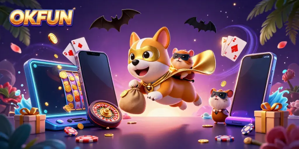 Engage in thrilling slots and casino action with the vibrant OKFUN superhero-themed 3D illustration.