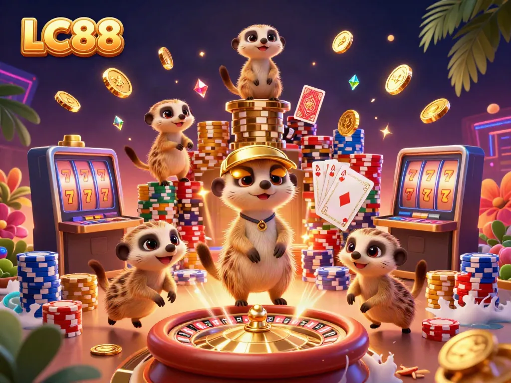 Engage with exciting games at LC88, where cartoon meerkats run a vibrant casino surrounded by gold and gems.