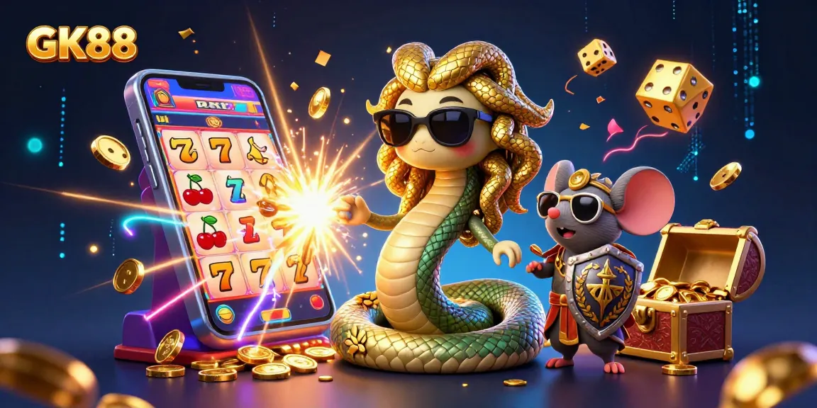 Spin the reels with GK88's vibrant 3D casino illustration showcasing jackpots and gaming fun.