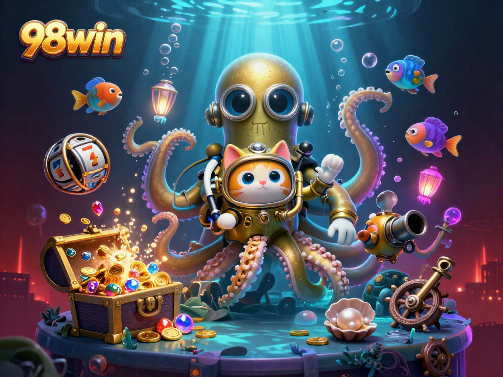 Experience thrilling games and jackpots with 98win, featuring a colorful underwater casino scene.