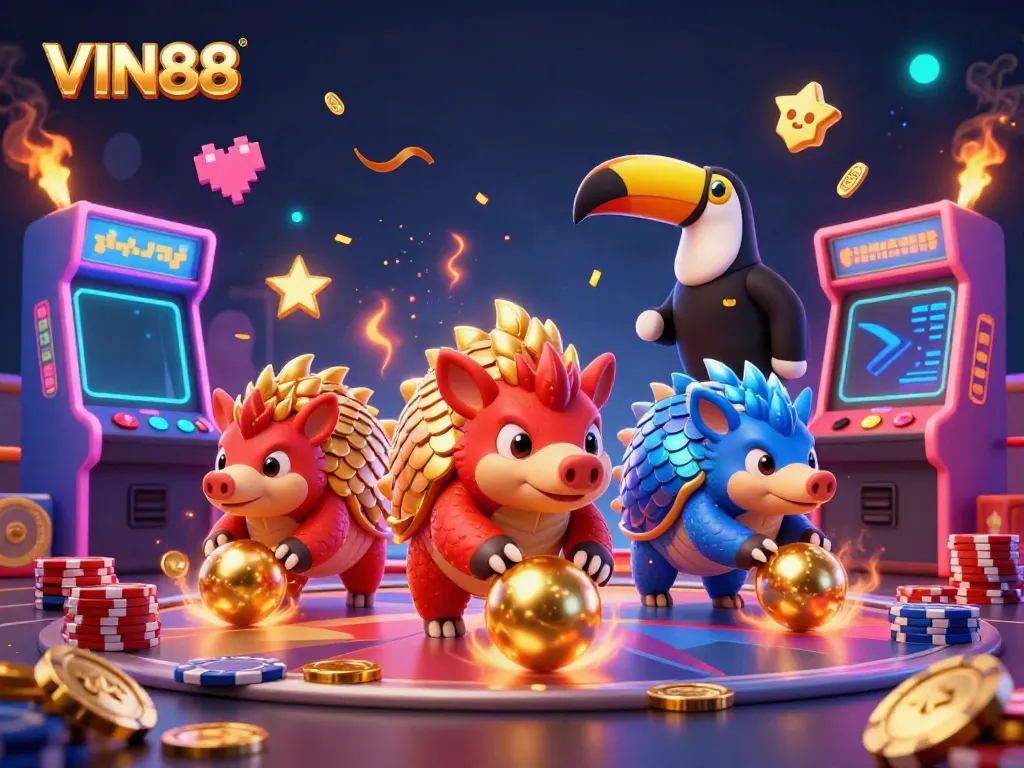 VIN88 pangolins wearing armor roll in poker chips celebrating a casino showdown.