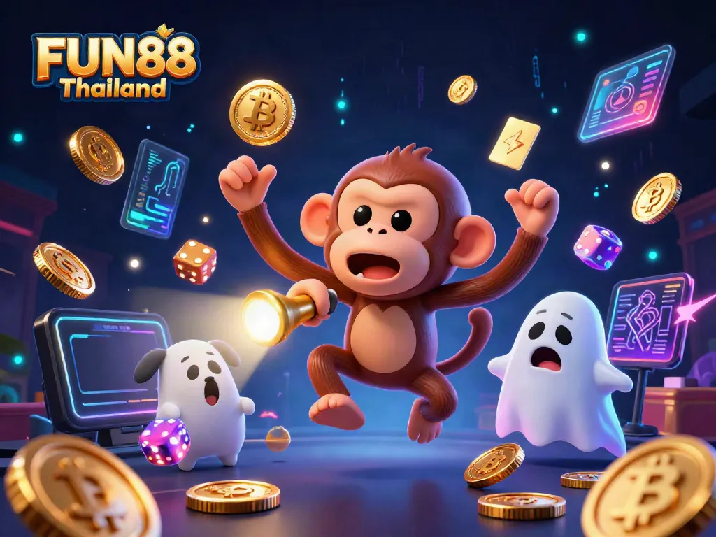 Engage in thrilling FUN88 Thailand online gaming as whimsical characters come alive in a haunted casino atmosphere.