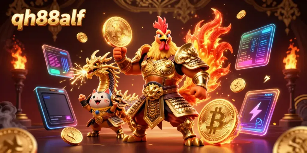 Engage with the exciting world of qh88alf as a fierce rooster warrior and dragon hatchling celebrate gaming triumphs amidst dynamic casino visuals.