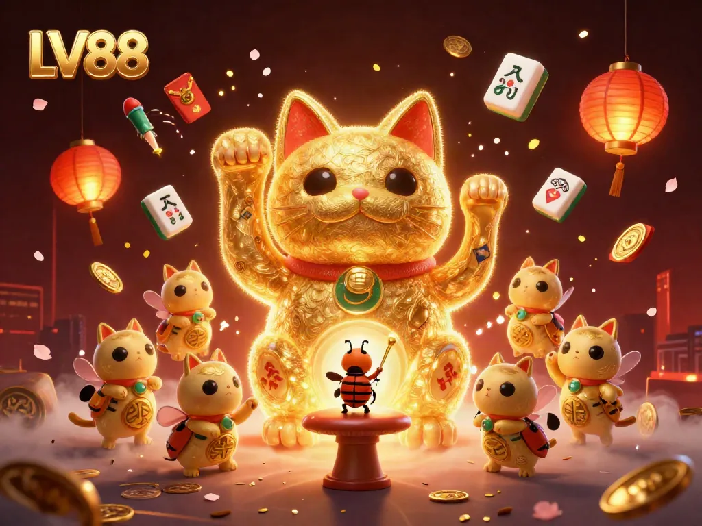 Experience LV88's vibrant world of casino gaming through a whimsical lucky cat and fireflies.