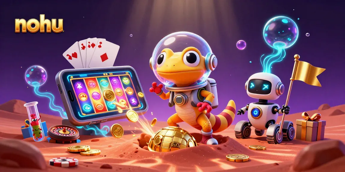 Engage with nohu's vibrant 3D casino scene featuring a Martian gecko and energetic gambling elements