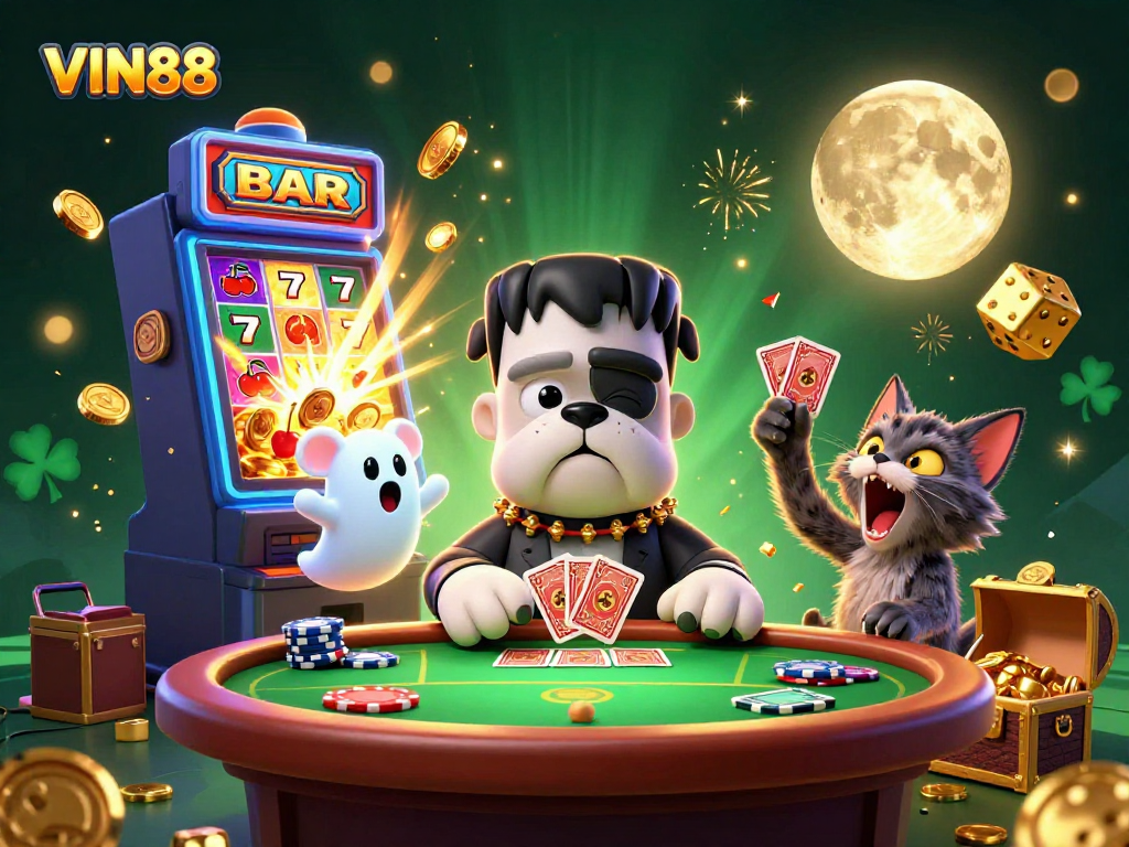 Engage with VIN88 in a vibrant 3D casino scene featuring Frankenstein bulldog dealer and dynamic jackpots.