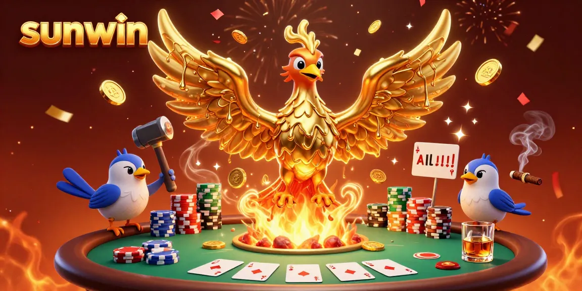Engage with the exciting world of sunwin as molten golden phoenixes soar, surrounded by poker elements.
