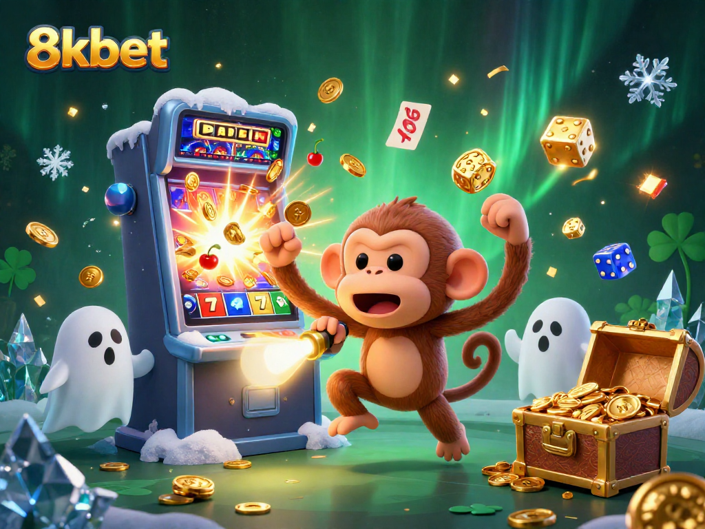 Experience thrilling gameplay at 8kbet with a magical scene of a playful monkey and ghost-hunter puppy.