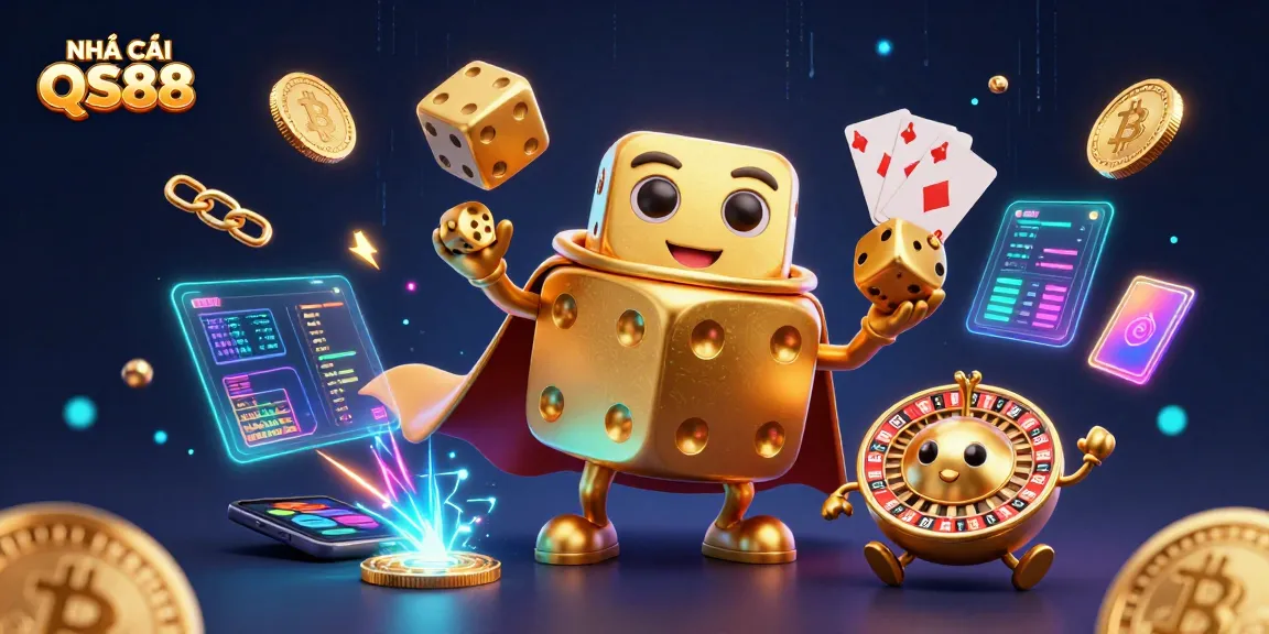 Engage with NHÀ CÁI QS88 through a vibrant 3D casino scene showcasing dynamic games and crypto elements.