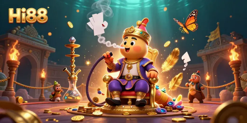 Hi88 presents a dynamic gambling scene with an enormous caterpillar in a Turkish sultan outfit surrounded by poker symbols and gold coins.