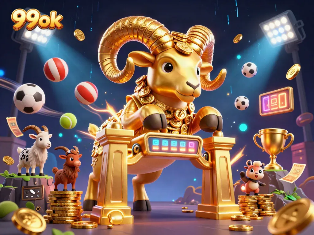 Bet on 99ok with a dynamic scene featuring a golden ram charging at a casino gate.