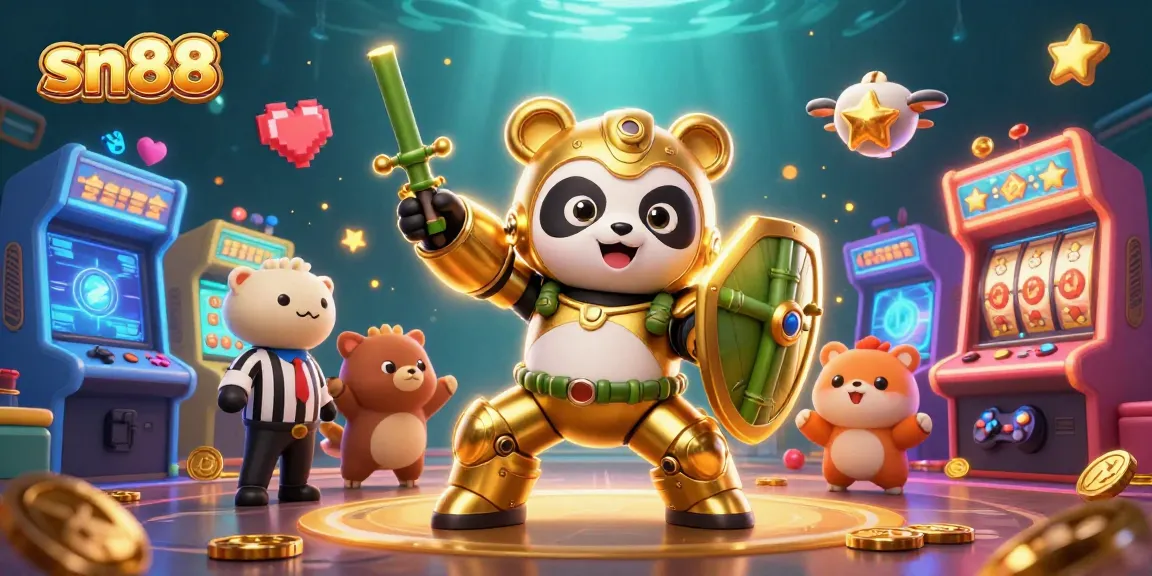 Join the excitement at sn88 with a mech-suit golden panda in a vibrant casino scene, featuring slot games!