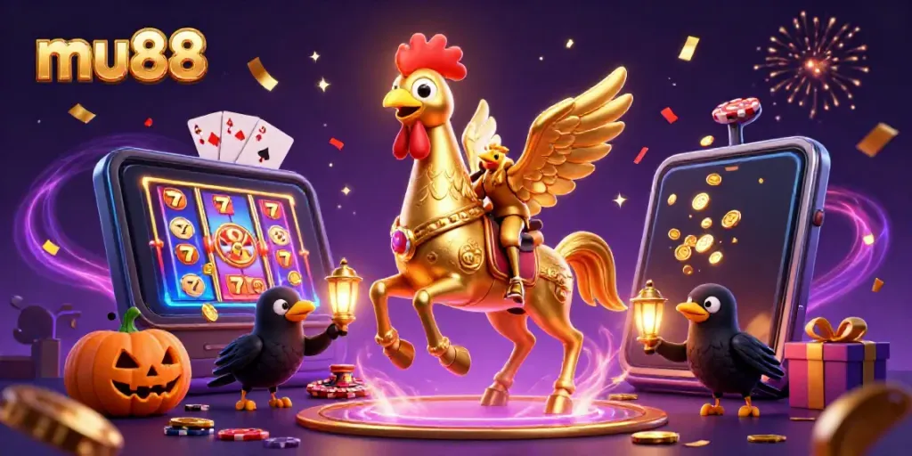 Experience thrilling mu88 casino action with a golden rooster and gaming elements in a vibrant scene.