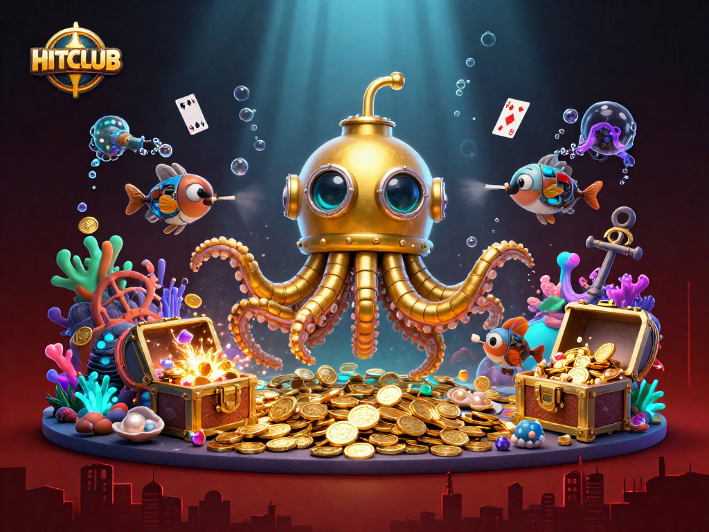 Experience HITCLUB with vibrant gaming elements and the enchanting golden kraken amidst rich treasures.