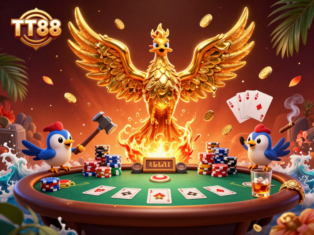 TT88 delivers an impressive gaming experience with a 3D phoenix rising in a lively casino scene.