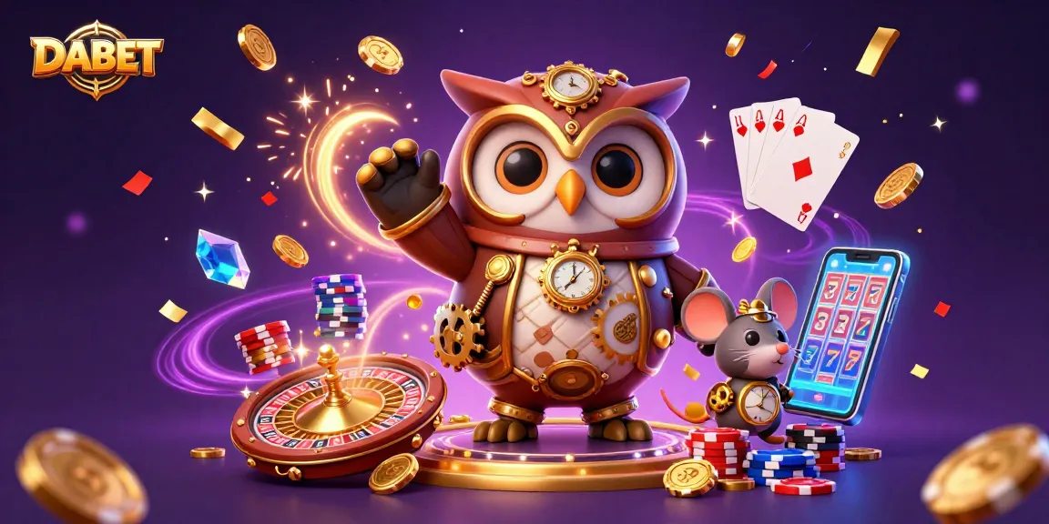 DABET offers thrilling casino experiences with a cartoon owl amidst vibrant gaming elements and celebrating confetti.
