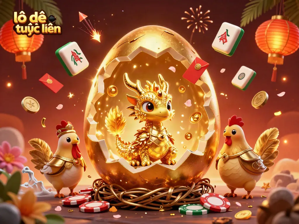 Engage in lô đề trực tuyến with a dynamic scene featuring a golden dragon amidst colorful gambling elements.
