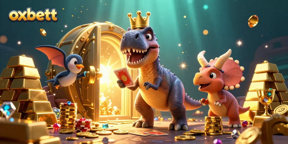 Experience thrilling gameplay with oxbett as a T-Rex tries to shuffle cards, surrounded by treasures!