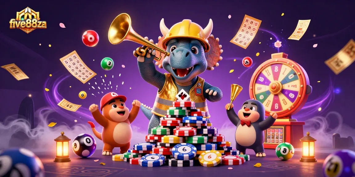Experience excitement at five88za with vibrant lottery balls and cheerful characters celebrating wins!
