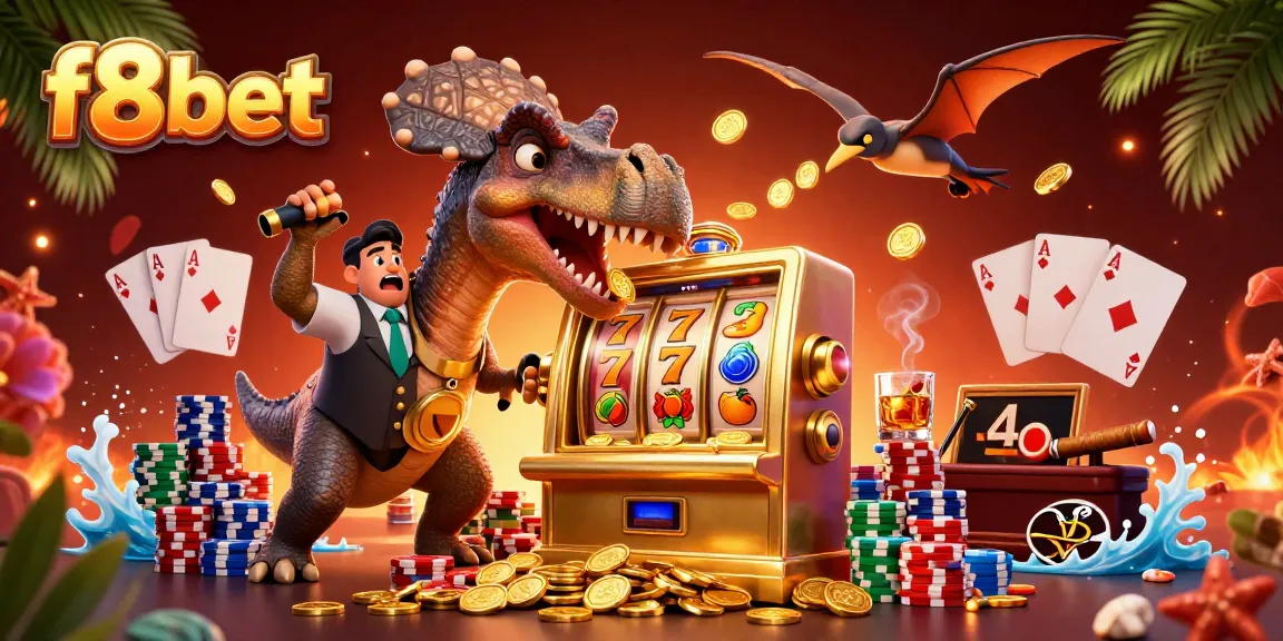 f8bet landing an exciting jackpot as a pachycephalosaurus hits the slot machine while an ankylosaur manages the casino