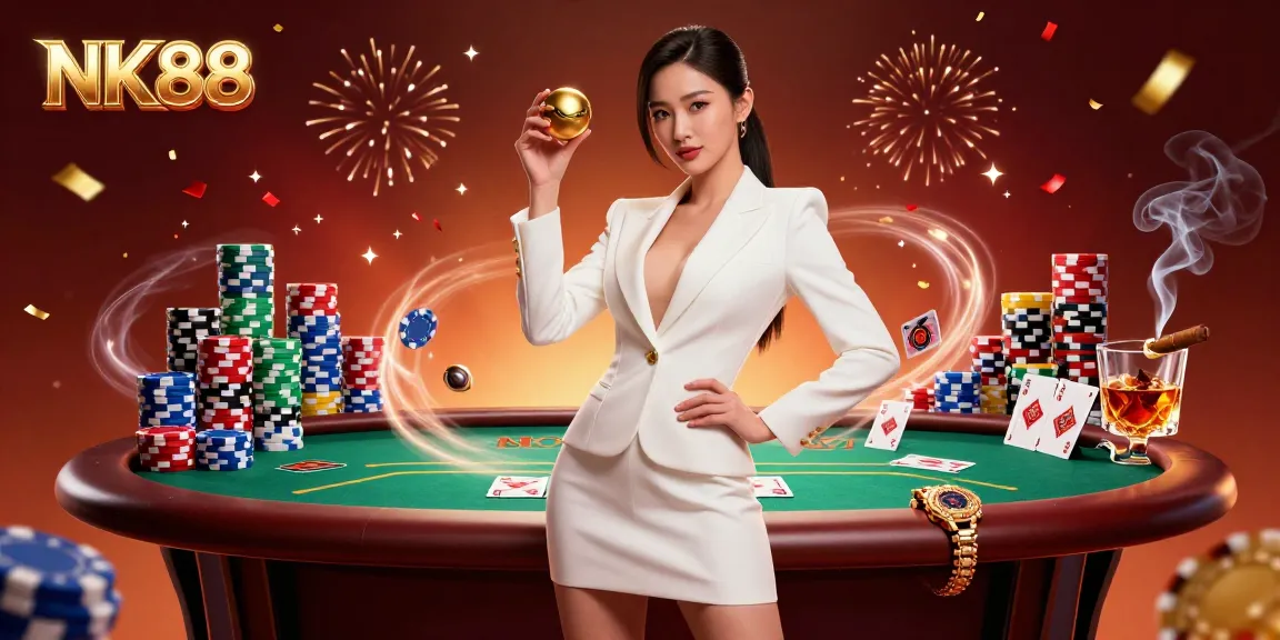 Winning at NK88 with a glamorous Asian dealer showcasing roulette and poker elements in a vibrant casino.