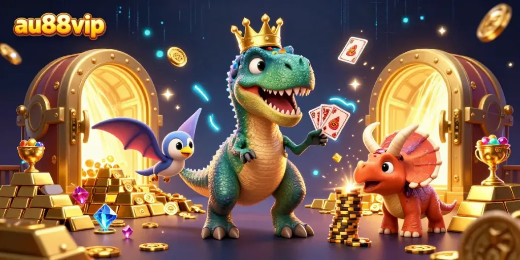Experience the fun of au88vip with cartoon dinosaurs playing cards in a vibrant casino setting.