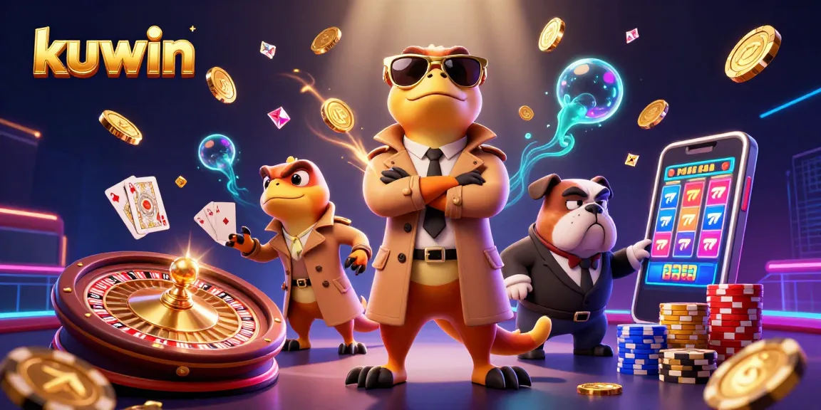 Kuwin casino illustration featuring three cartoon raptors in a trench coat trying to enter a VIP lounge.