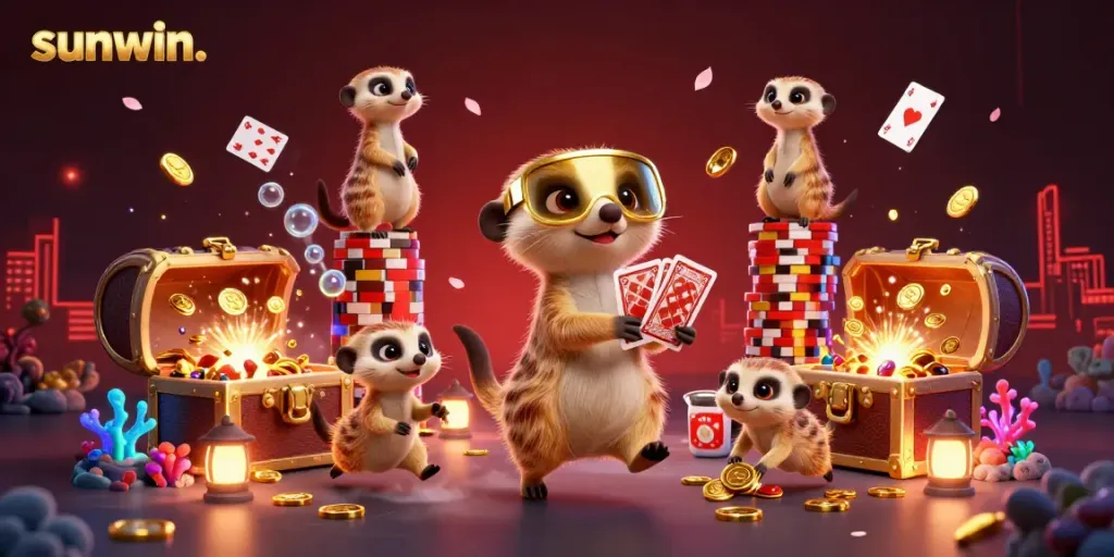 Engaging scene with sunwin. meerkats managing a vibrant casino, showcasing lively game elements.