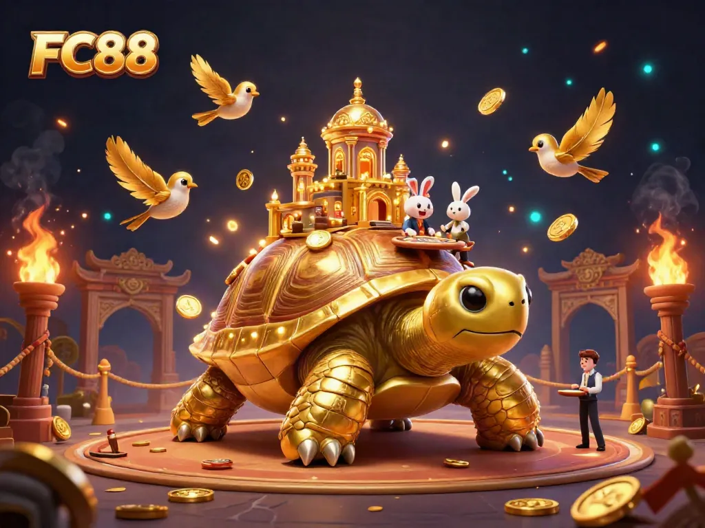 Engage with the dynamic casino experience at FC88, featuring a golden tortoise casino and rabbit dealer.