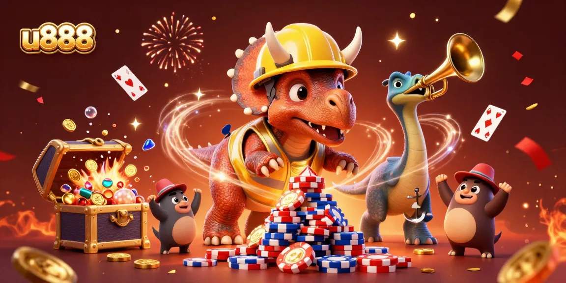 u888 players celebrate with a triceratops building poker chip pyramids, vibrant casino scene