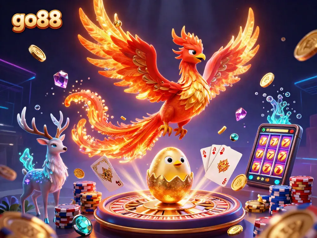 Experience go88's vibrant 3D casino universe featuring a fire phoenix, treasure, and a mystical stag.