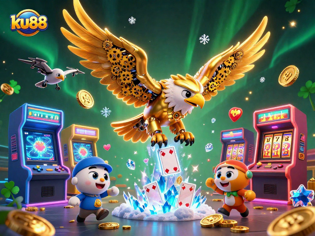 Experience thrilling gaming action with ku88 as a cybernetic eagle dives through holographic cards amidst casino excitement.