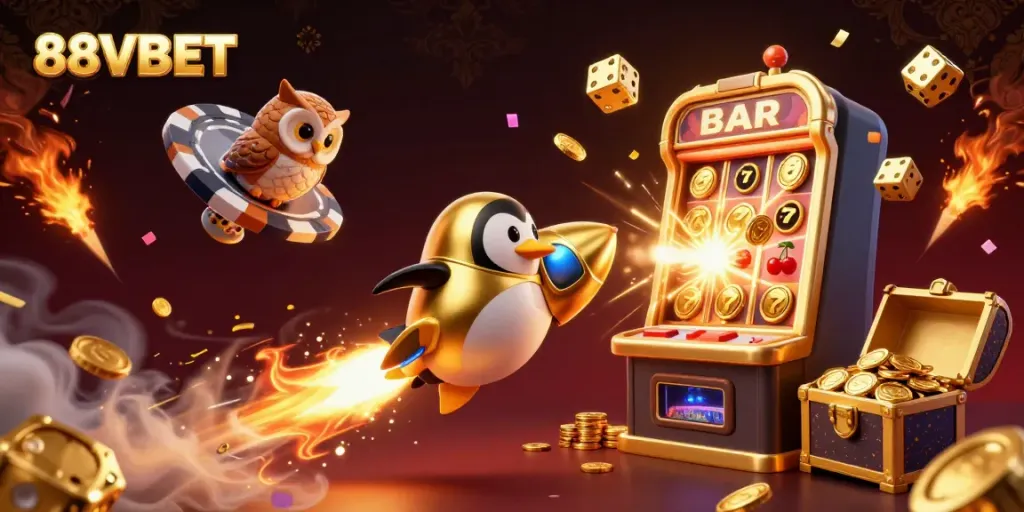 Experience the thrilling world of 88VBET with a golden penguin blasting into space alongside jackpots and casino games!