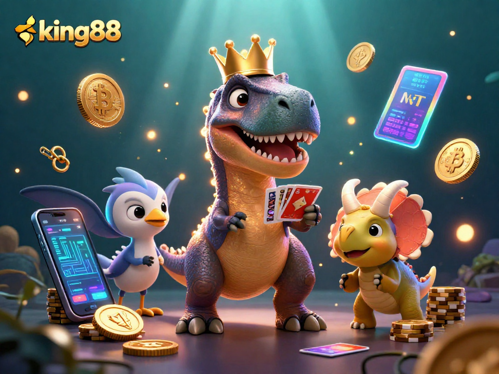 Engage with king88 through a lively casino scene featuring charming dinosaur characters and crypto elements.